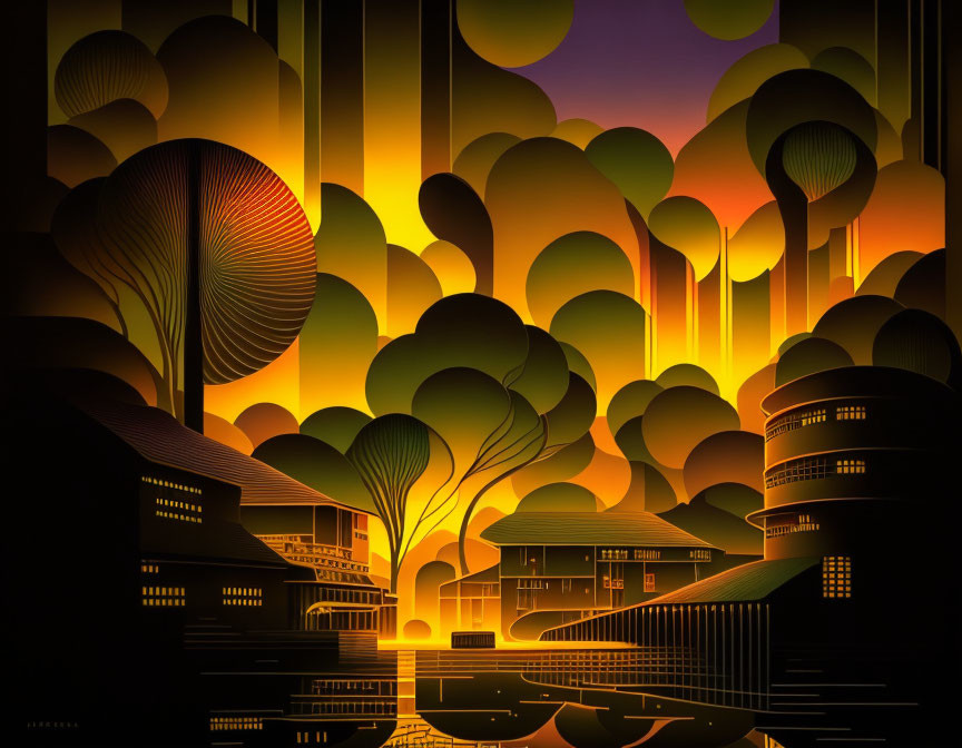 Futuristic cityscape art with stylized buildings and warm color palette