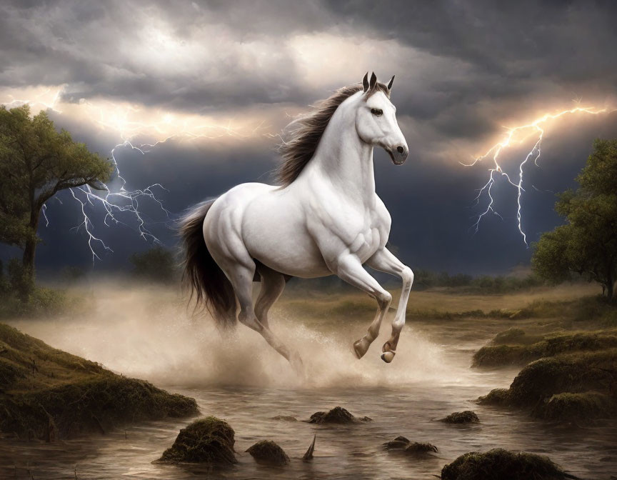 Majestic white horse galloping in shallow river under stormy skies