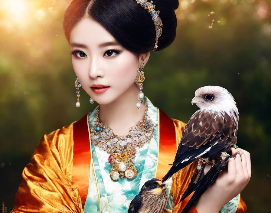 Traditional Attire Woman Holding Majestic Bird of Prey in Nature