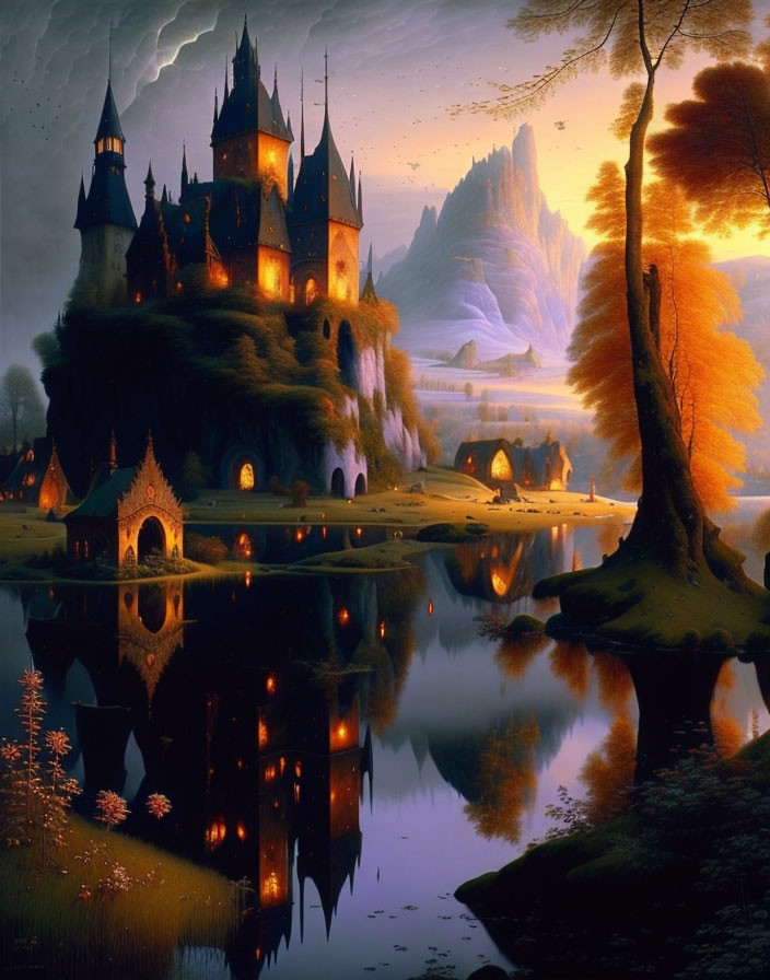 Illuminated Fantasy Castle in Autumn Landscape