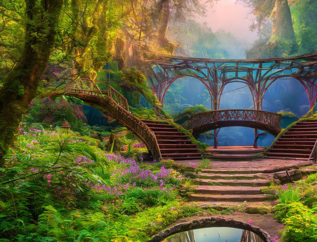 Enchanting garden scene with wooden bridge and purple flowers