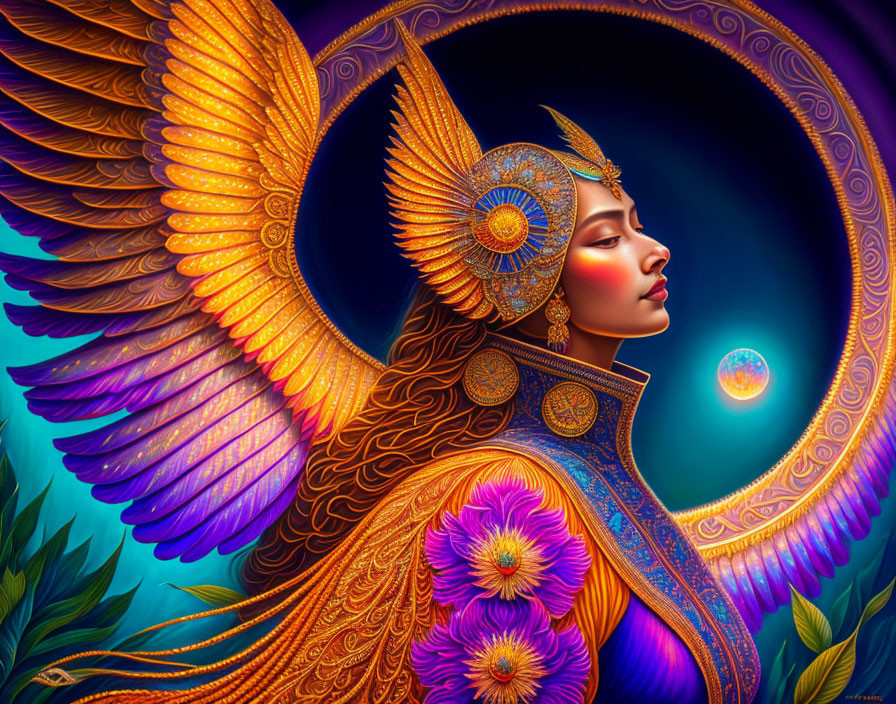 Colorful illustration of a woman with golden bird-like wings in cosmic setting