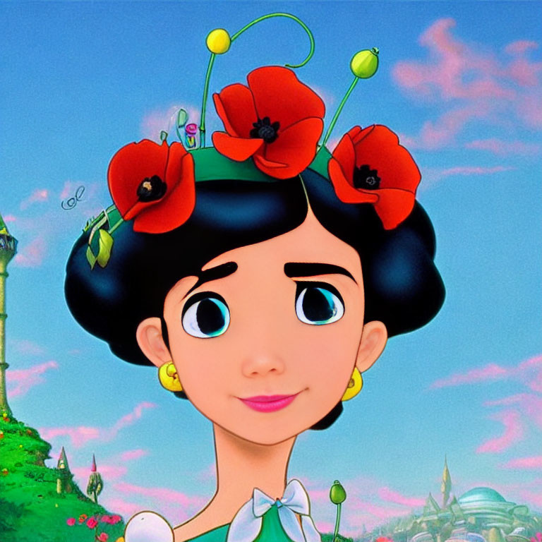 Cartoon girl with big eyes in black bob hairstyle and floral headband