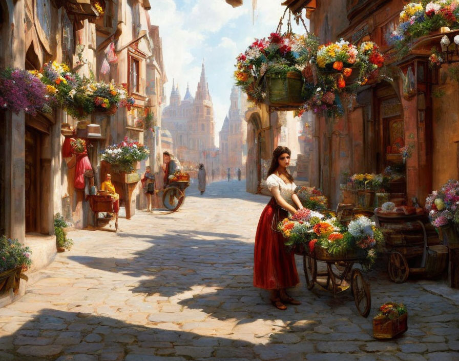 Historically dressed woman at flower cart on vibrant old-world street