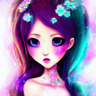 Vibrant female figure with purple hair and blue eyes on pink background