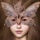 Whimsical butterfly mask on person against brown hair background