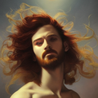 Man with flowing red hair and beard against cloudy sky backdrop