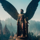 Bearded man in ornate armor with angelic wings in mystical landscape