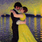 Vibrant pointillist painting of embracing couple dancing with water reflection background