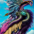 Vibrant mythical creature illustration with serpent-like neck and dragon head