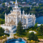 Majestic fantasy castle with golden spires in forest setting