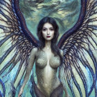 Fantasy digital artwork: Female humanoid with feathered wings, scales, and serpent-like creatures.