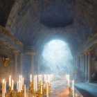 Ethereal ancient temple with swirling light and stone columns