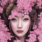 Traditional Asian woman portrait with red makeup and headdress among pink cherry blossoms