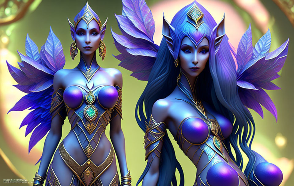 Blue-skinned elves in purple armor pose in nature