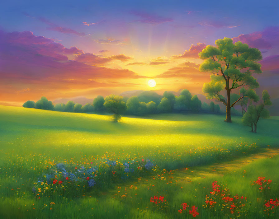 Colorful Sunset Painting with Meadow, Flowers, and Trees