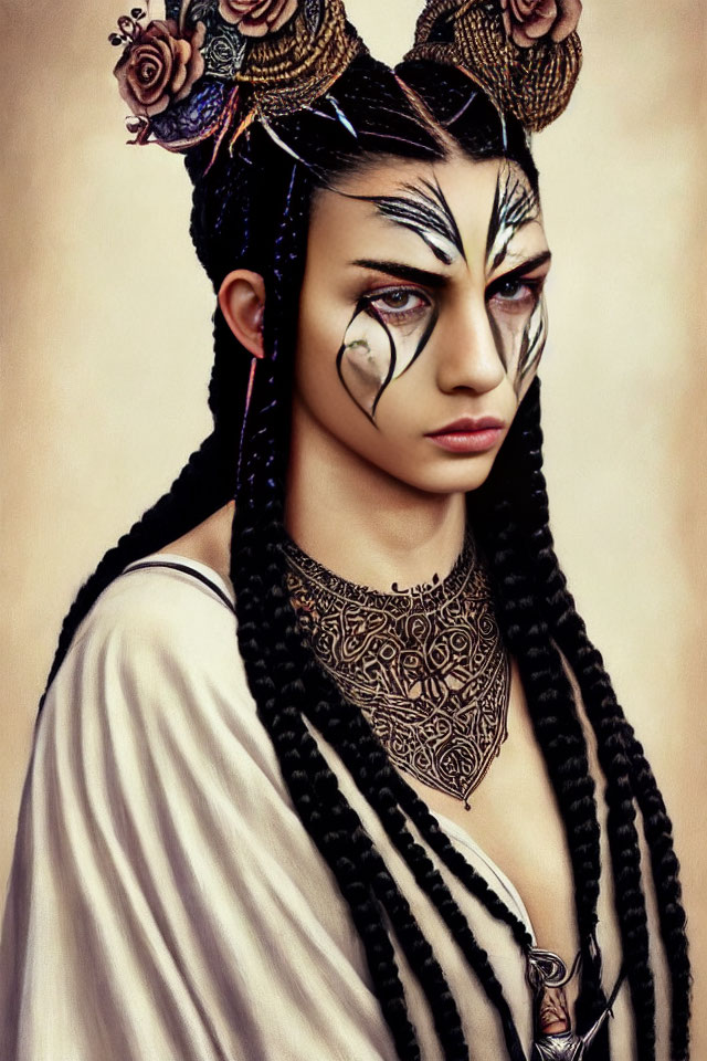 Intricate Dark Facial Makeup with Braided Hair and Neck Tattoos