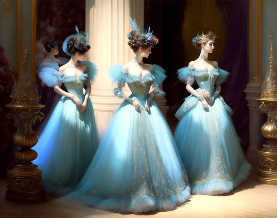 Elegant women in blue off-the-shoulder ball gowns with feathered headpieces