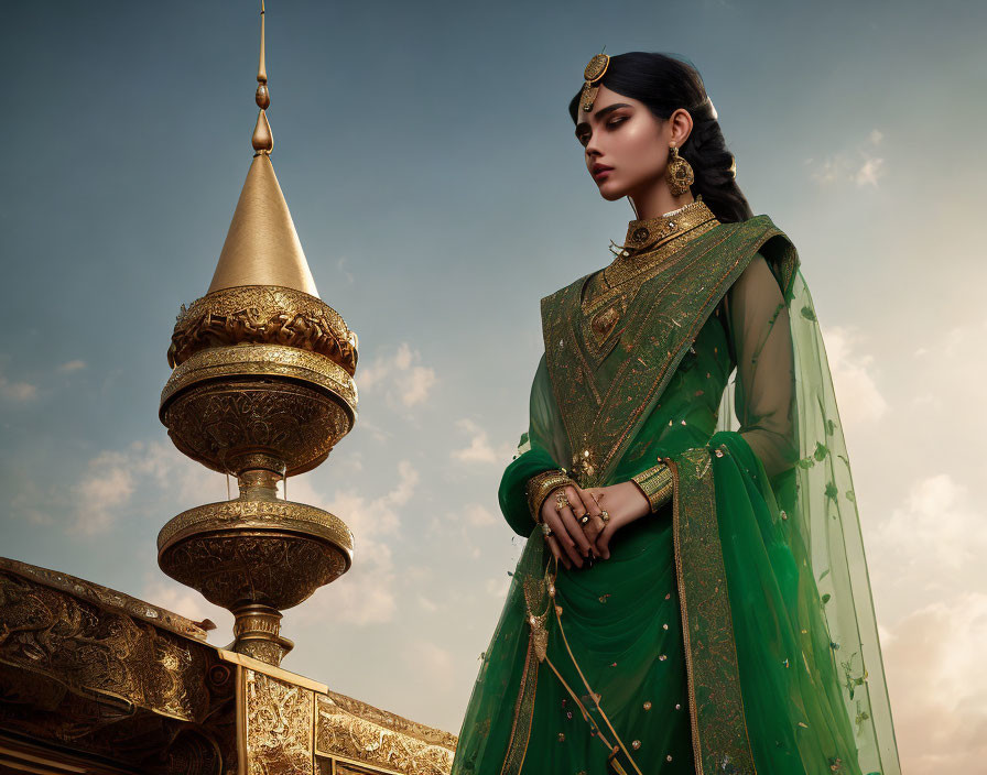 South Asian woman in green attire with gold jewelry near golden architectural structure