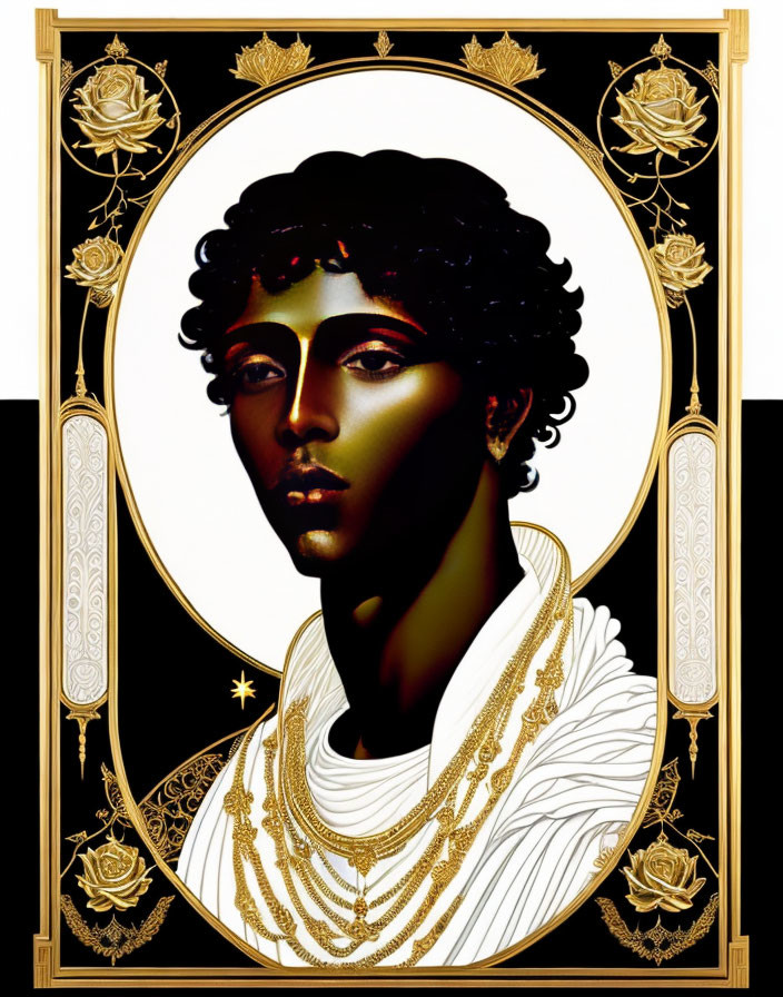 Stylized portrait of person with black skin and curly hair in Art Nouveau design