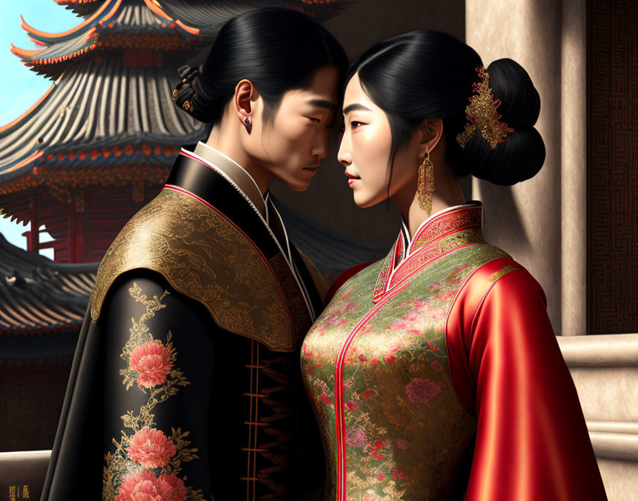 Digital Artwork: Couple in Traditional Chinese Attire Against Ancient Architecture