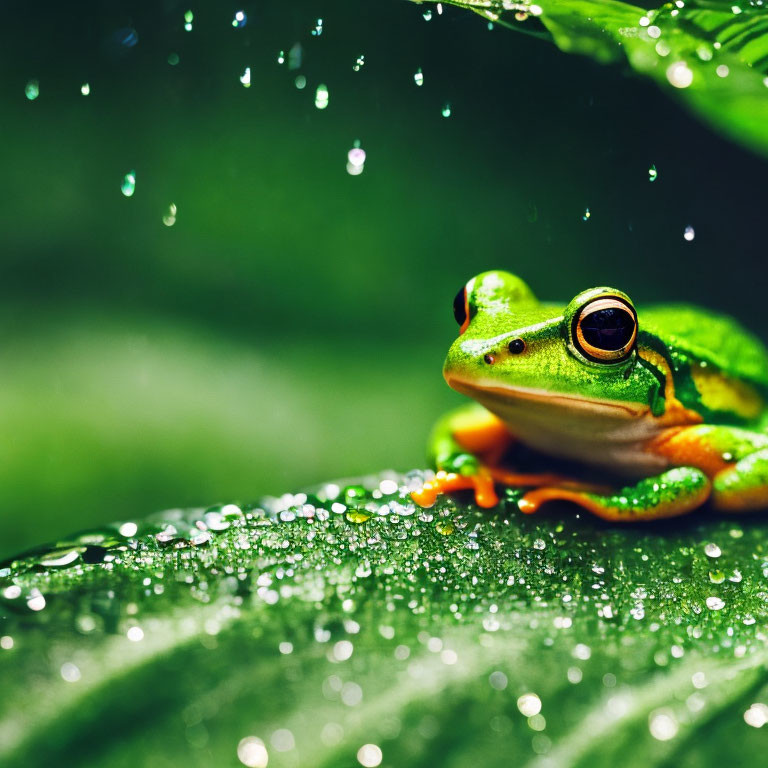 Green frog on dew-covered leaf with glistening water droplets