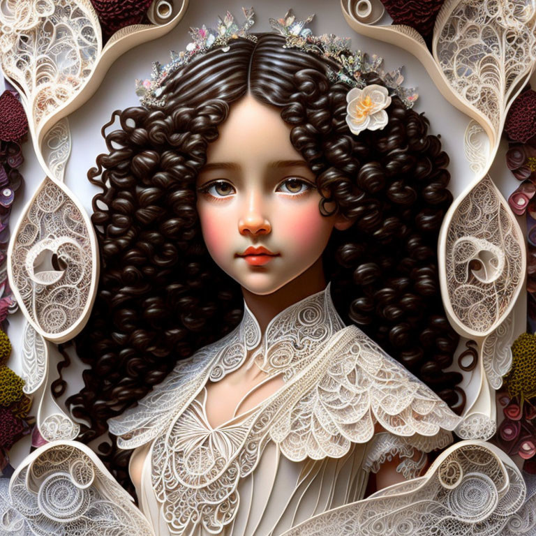 Detailed Illustration: Girl with Curly Hair and Floral Headpiece in Symmetrical Lace Surroundings