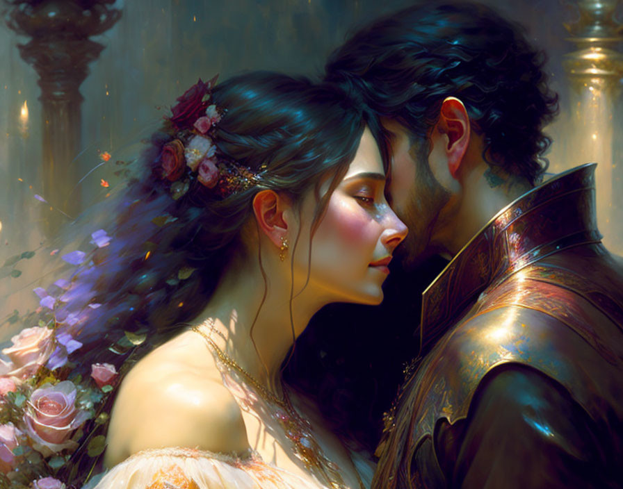Romantic digital painting of couple embracing closely with woman in flower-adorned hair and man in orn