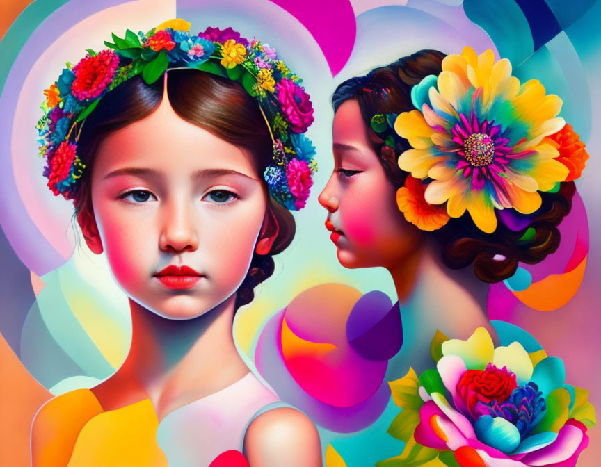 Colorful artwork: Two girls with floral hair adornments in nature-themed setting