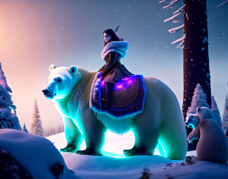 Warrior woman on polar bear with cubs in snowy forest at twilight