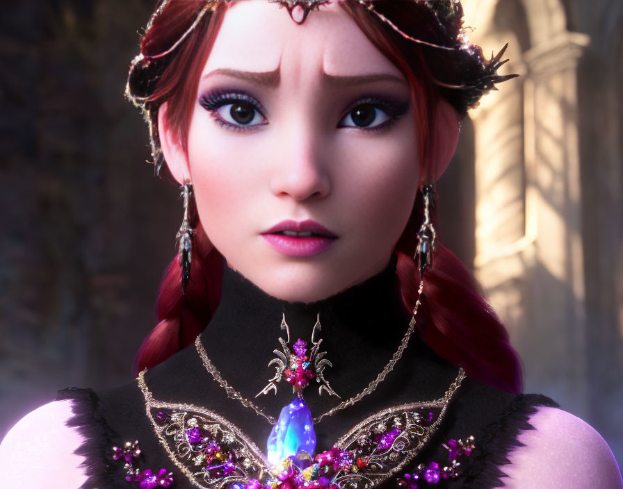 Detailed Close-Up of 3D Animated Character with Red Hair, Jeweled Crown, and Glowing