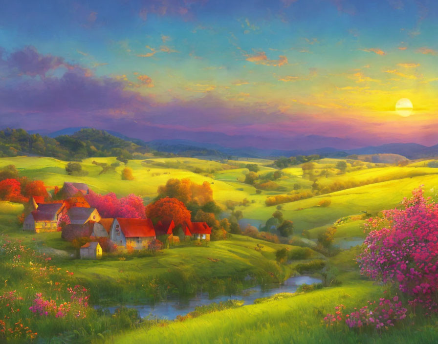 Tranquil sunset landscape with cottages, blooming trees, and river