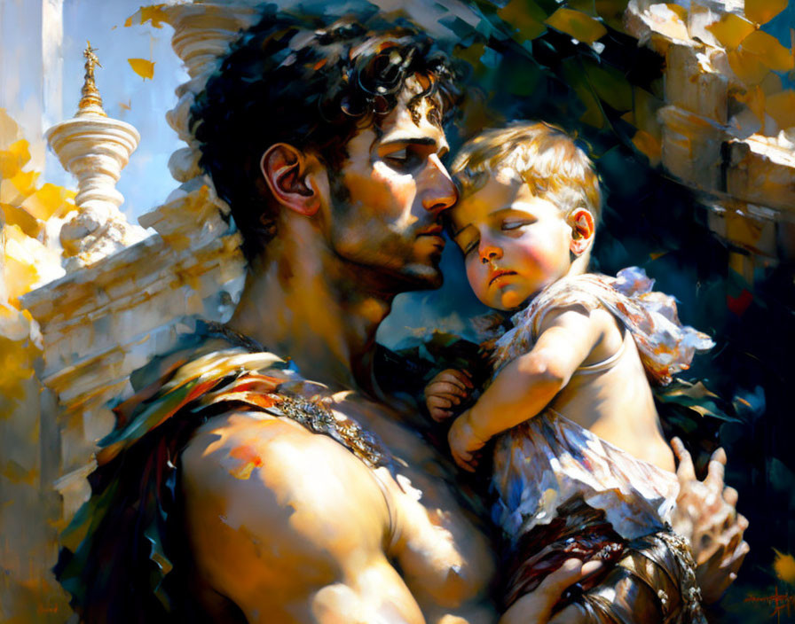 Muscular man holding sleeping infant in front of sunlit temple