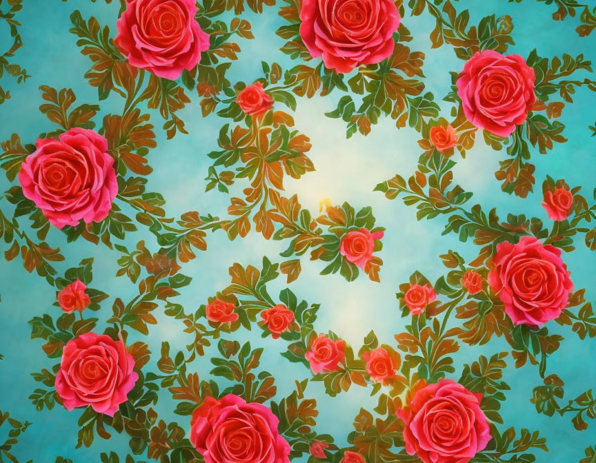 Large pink roses and green foliage on teal background floral pattern