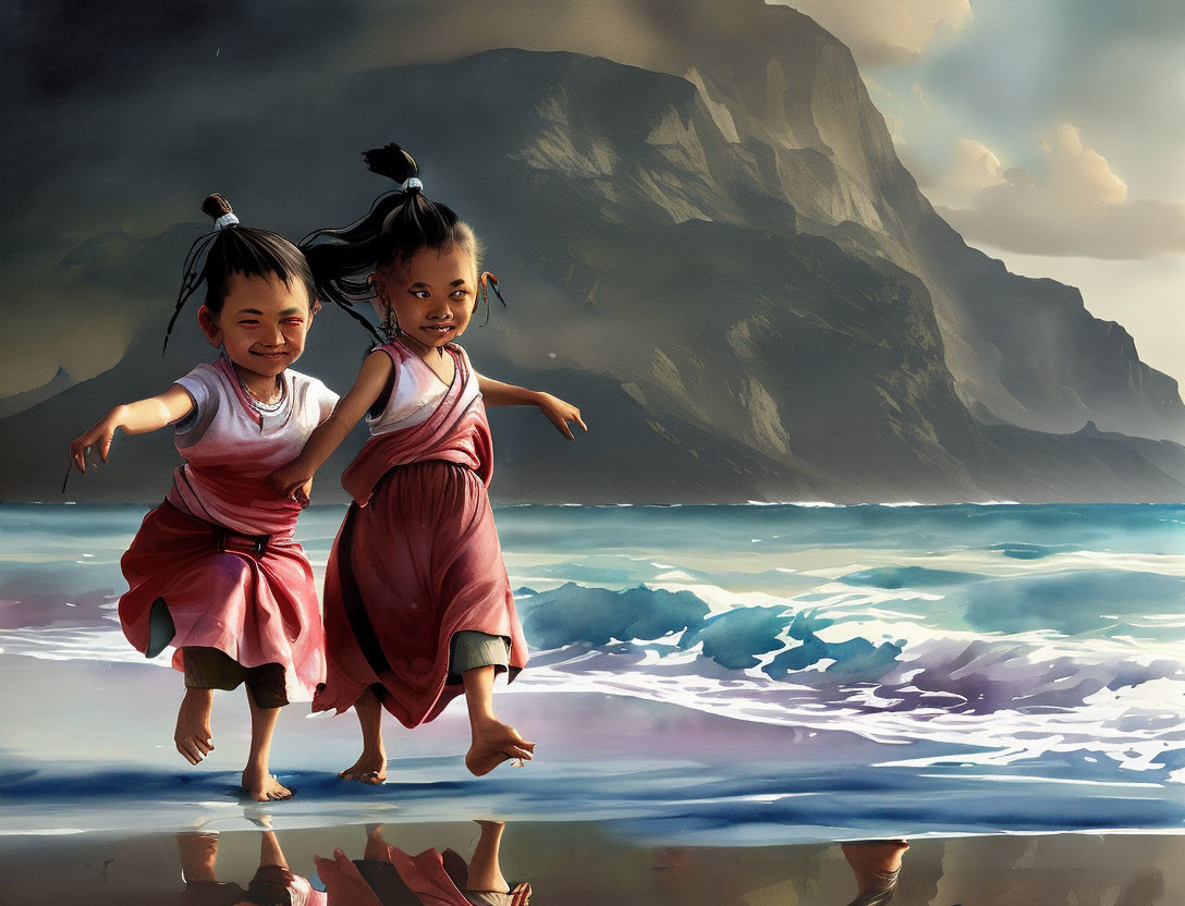 Children in traditional dresses running on beach with mountain and waves