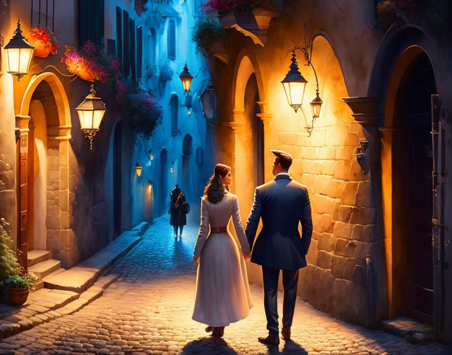 Romantic couple walking in cobblestone alley at twilight with blooming flowers