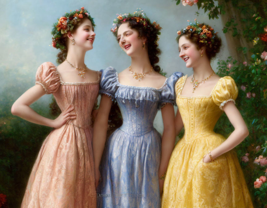 Vintage dresses: Three women in floral crowns and elegant necklaces smiling together
