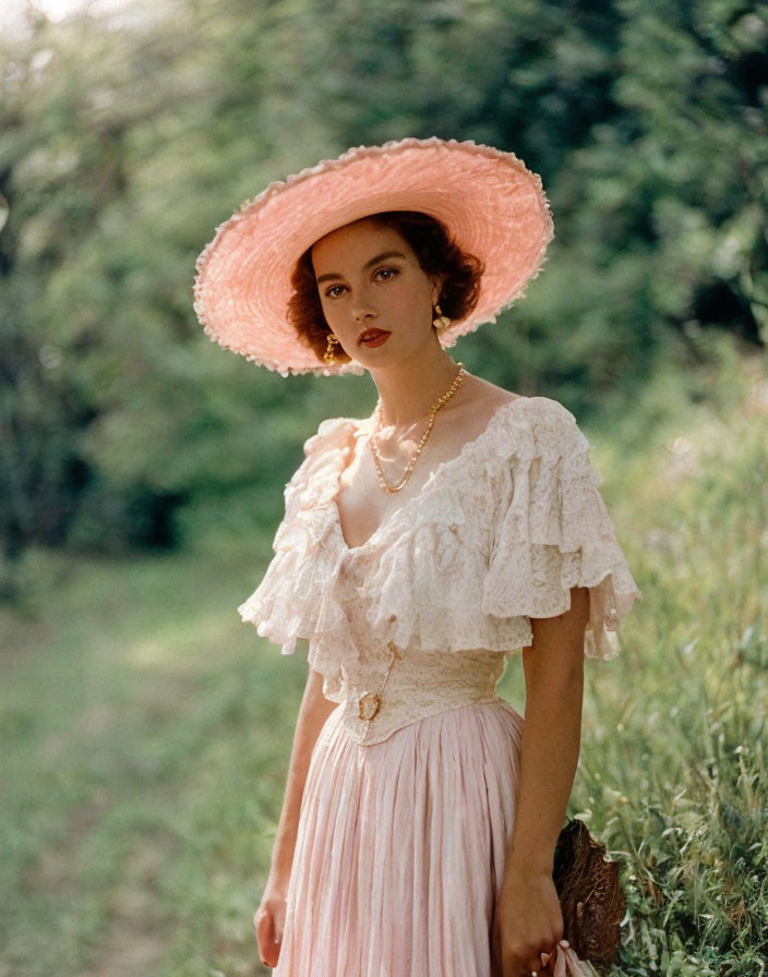Vintage woman in white lace blouse and pink skirt with large pink hat and pearls outdoors.