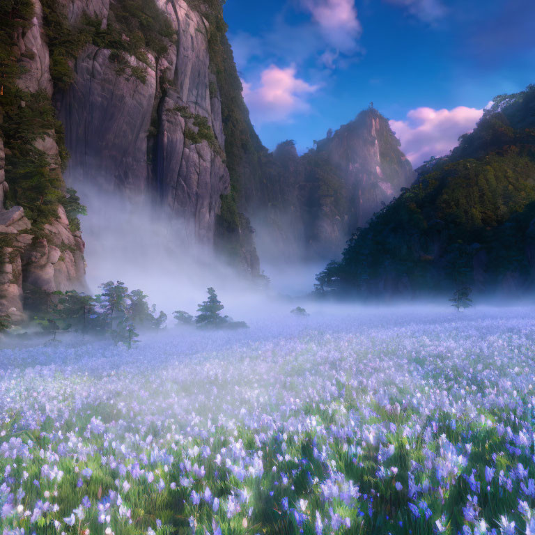 Tranquil landscape with purple flowers, misty mountains, dense forests, and serene blue sky
