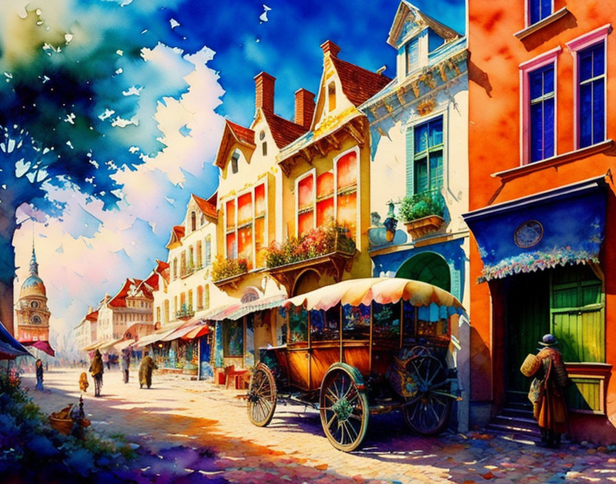 Colorful European Street Scene Watercolor Painting