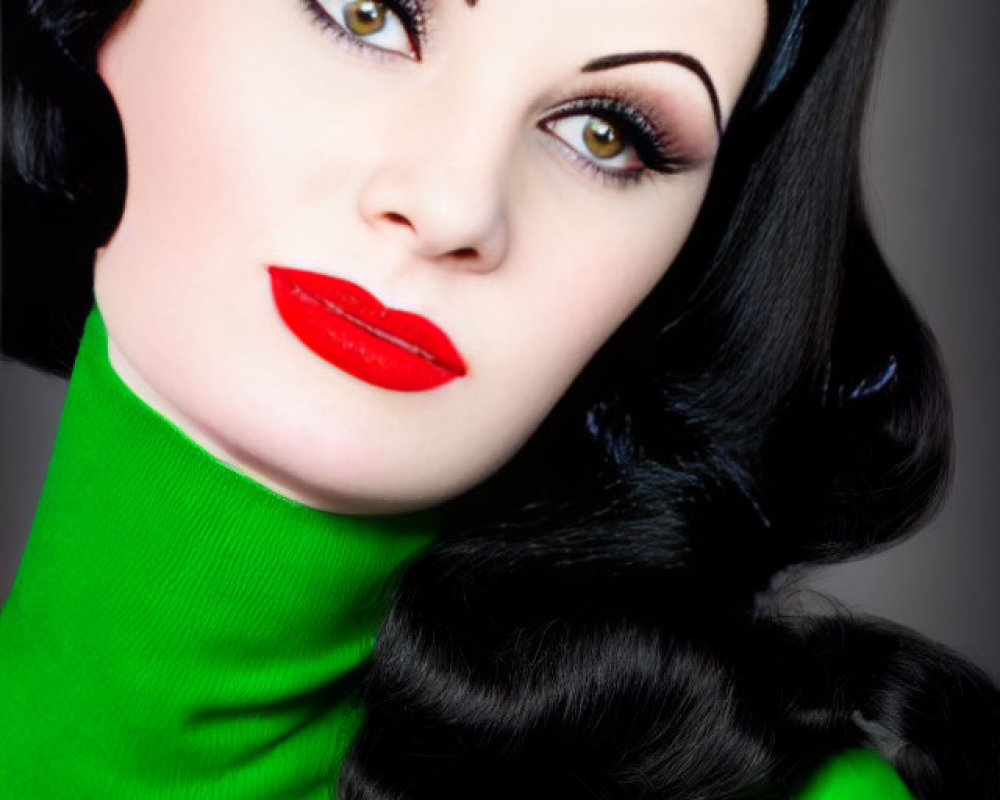 Pale-skinned woman in retro makeup and high-neck green top with dark hair and red lipstick.