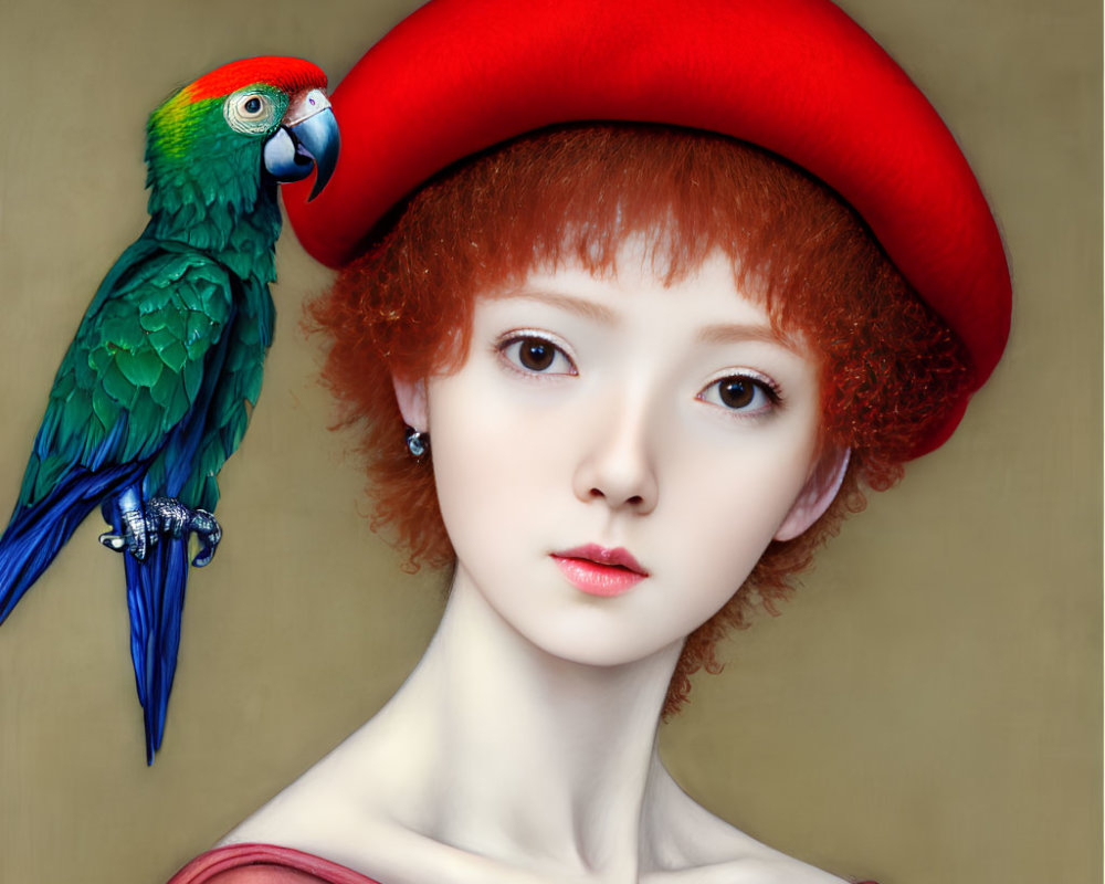 Young woman with porcelain skin and red hair in red beret and dress with parrot on shoulder