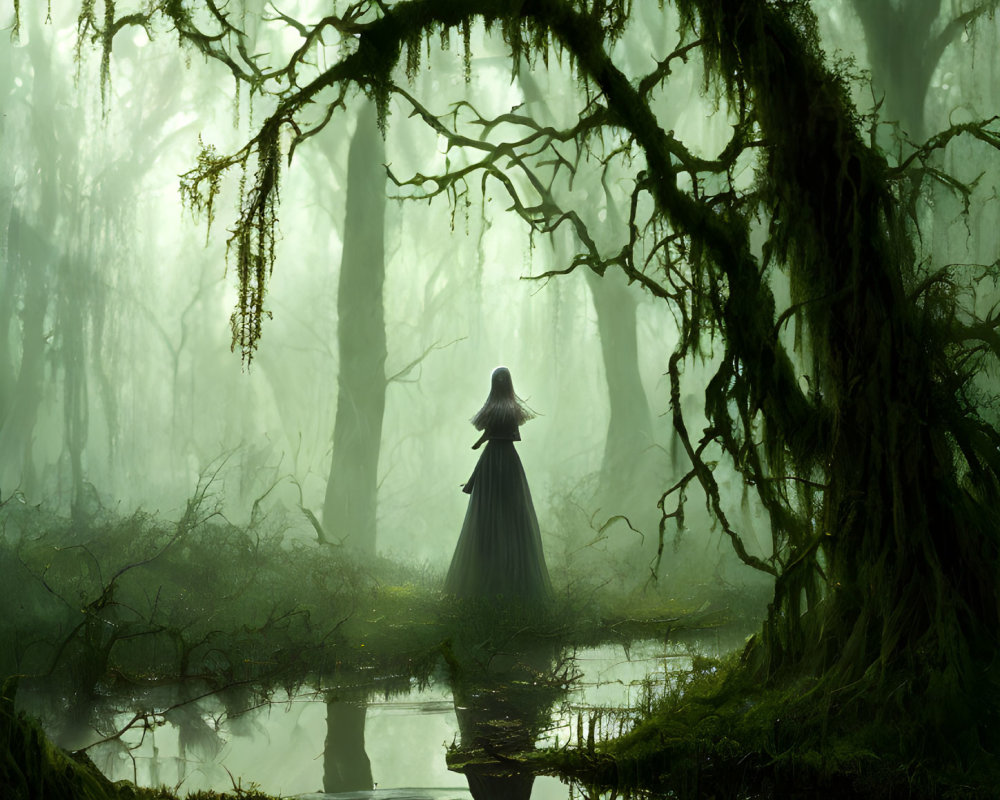 Mysterious figure in cloak at serene forest pond
