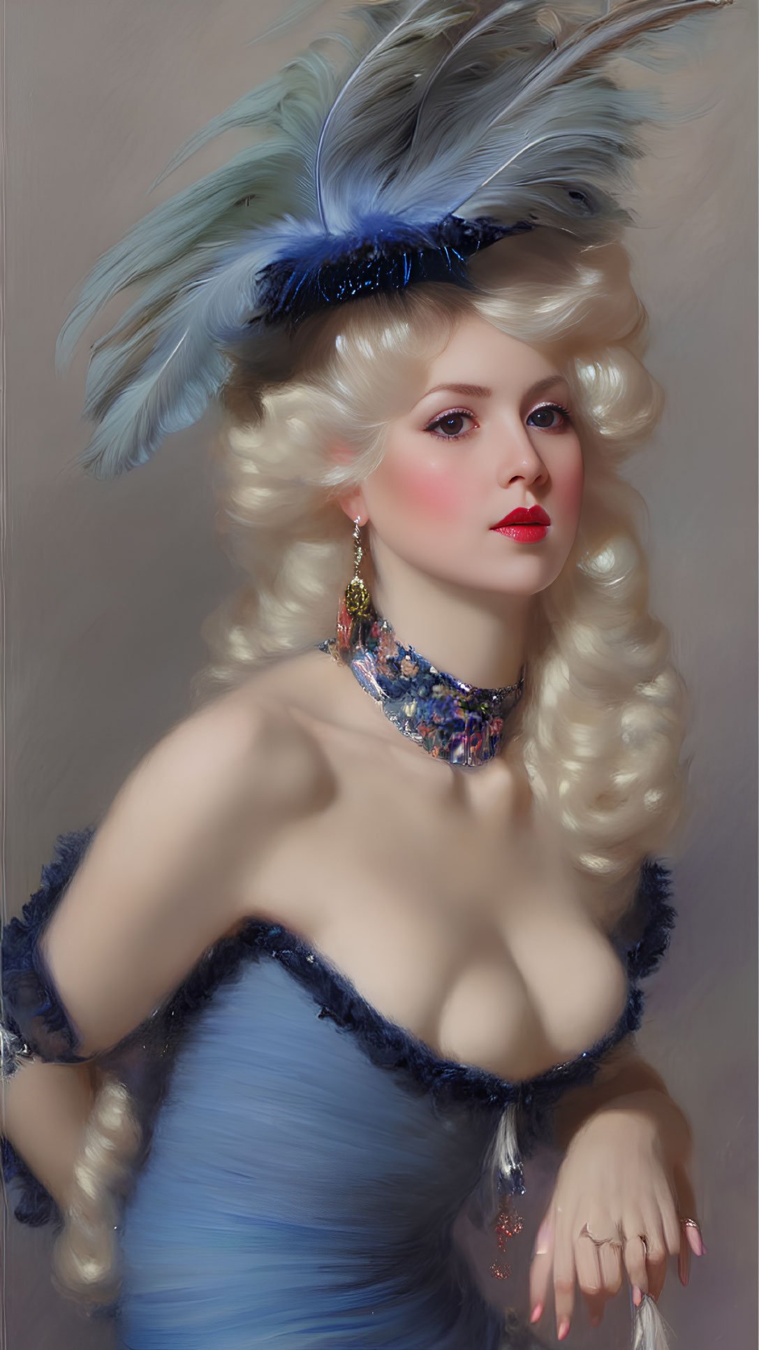 Blonde woman portrait with feathered hat, blue dress, and jewel necklace