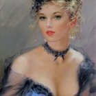 Blonde woman portrait with feathered hat, blue dress, and jewel necklace