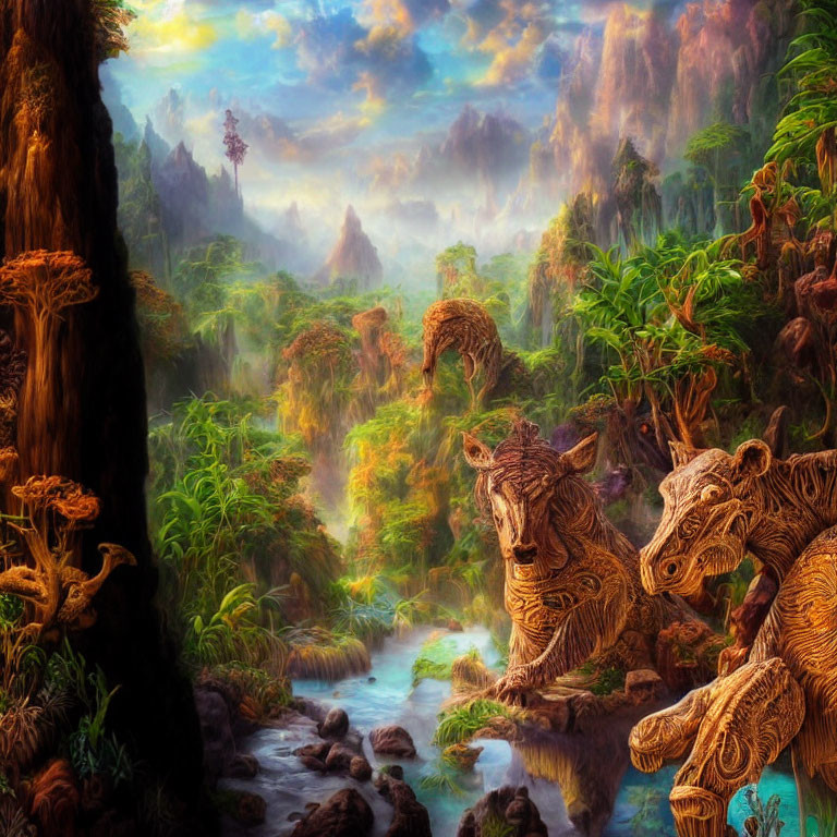 Colorful fantasy landscape with stream, forests, mountains, and wooden tiger sculptures