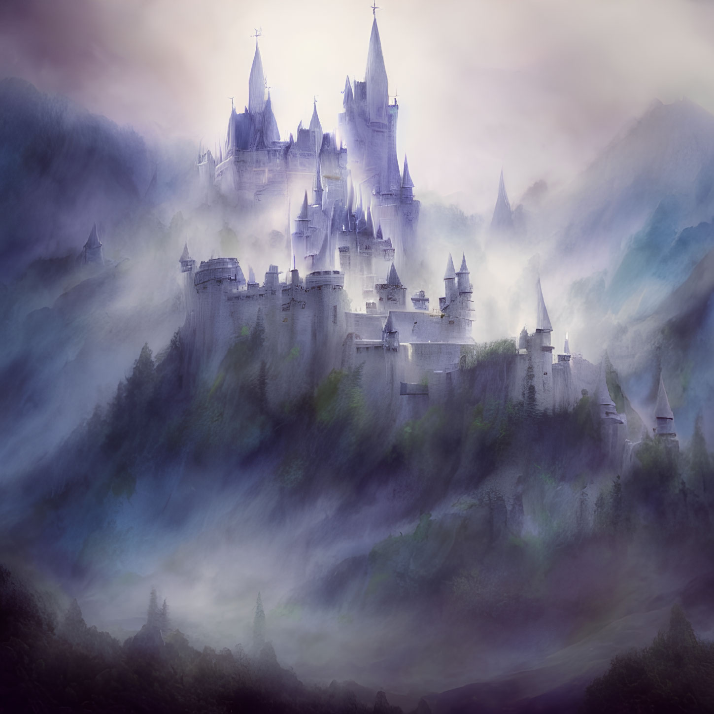 Ethereal castle in mist with spires and forested hills