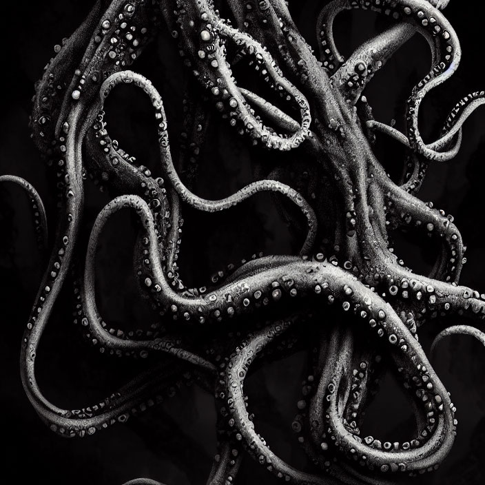 Detailed grayscale octopus tentacles with visible suction cups.