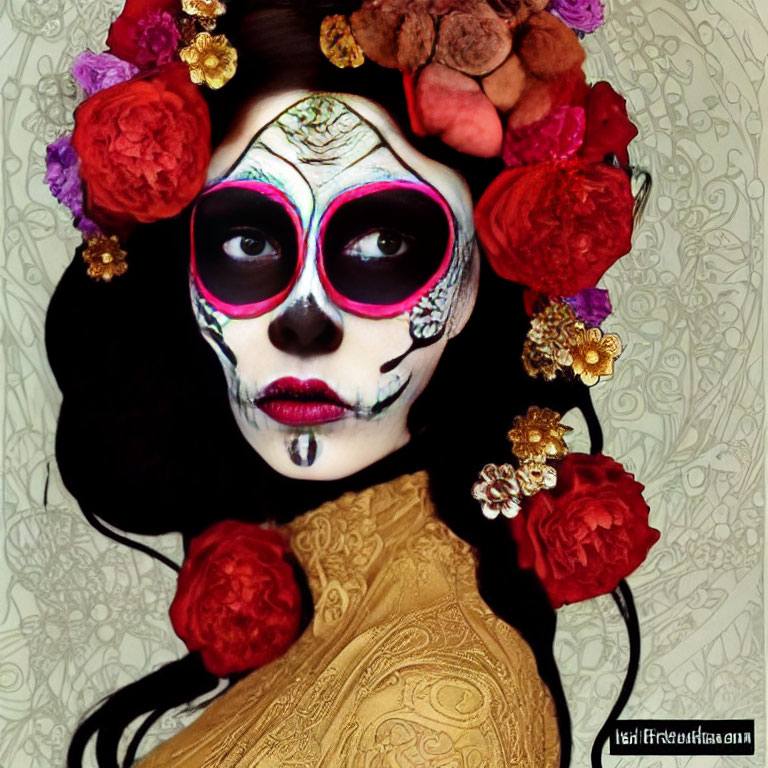 Day of the Dead Woman in Floral Headpiece and Golden Attire on Ornate Background