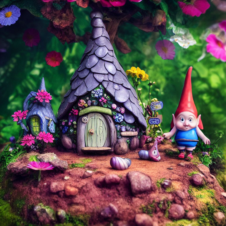 Whimsical garden scene with gnome, stone house, and vibrant flowers